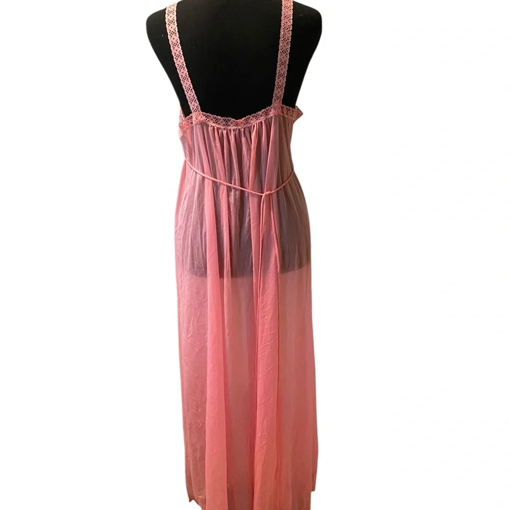 Vintage Sheer Light Pink Lace-Trim Maxi Chemise Size Medium - Picture 3 of 4